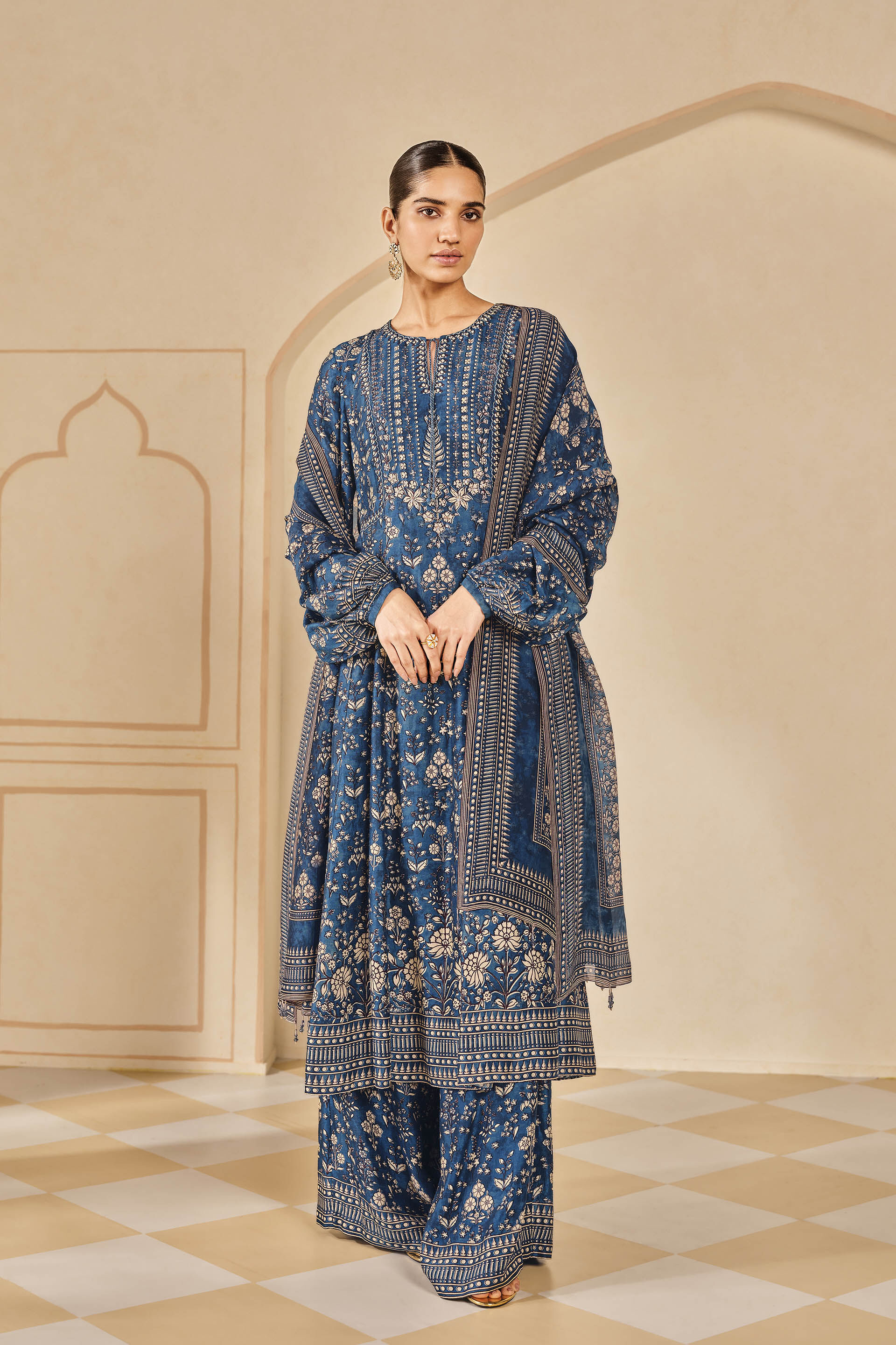 Buy Designer Niral Printed Silk Anarkali Set Blue Online from Anita Dongre